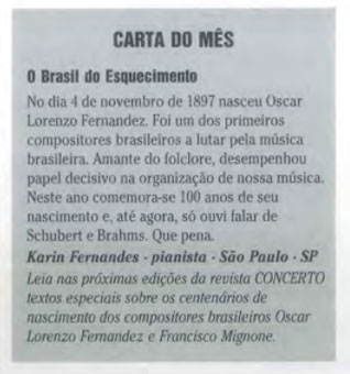 Carta de Karin Fernandes publicada na edição de junho de 1997 da Revista CONCERTO (reprodução)