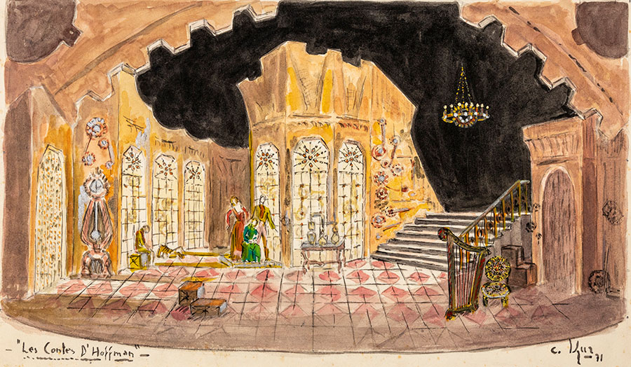 Desenho do cenário para a ópera Os contos de Hoffmann, por Carlos Kur, em 1971 (Acervo Ospa, reprodução Nilton Santolin)