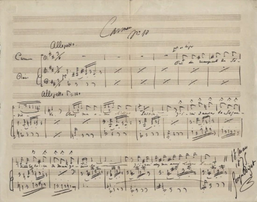 Detalhe do manuscrito da ópera 'Carmen', de Bizet [Reprodução]