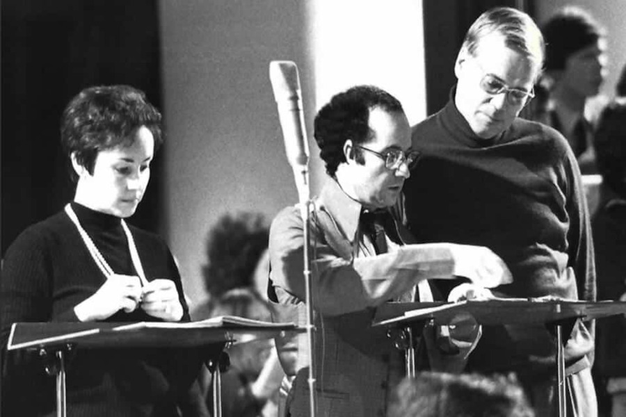 Edith Mathis, Aldo Baldin e Dietrich Fischer-Dieskau durante gravação de 'A Criação', de Haydn, com Sir Neville Marriner [Divulgação]