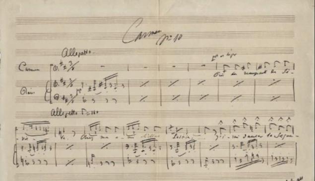 Revista Concerto Detalhe do manuscrito da ópera 'Carmen', de Bizet [Reprodução]