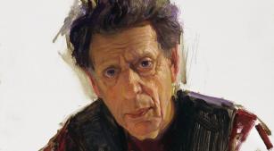 Philip Glass, por Luis Alvarez Roure, 2016. Óleo sobre madeira. Acervo da National Portrait Gallery, da Smithsonian Institution, Washington, D.C. (wikimedia commons)